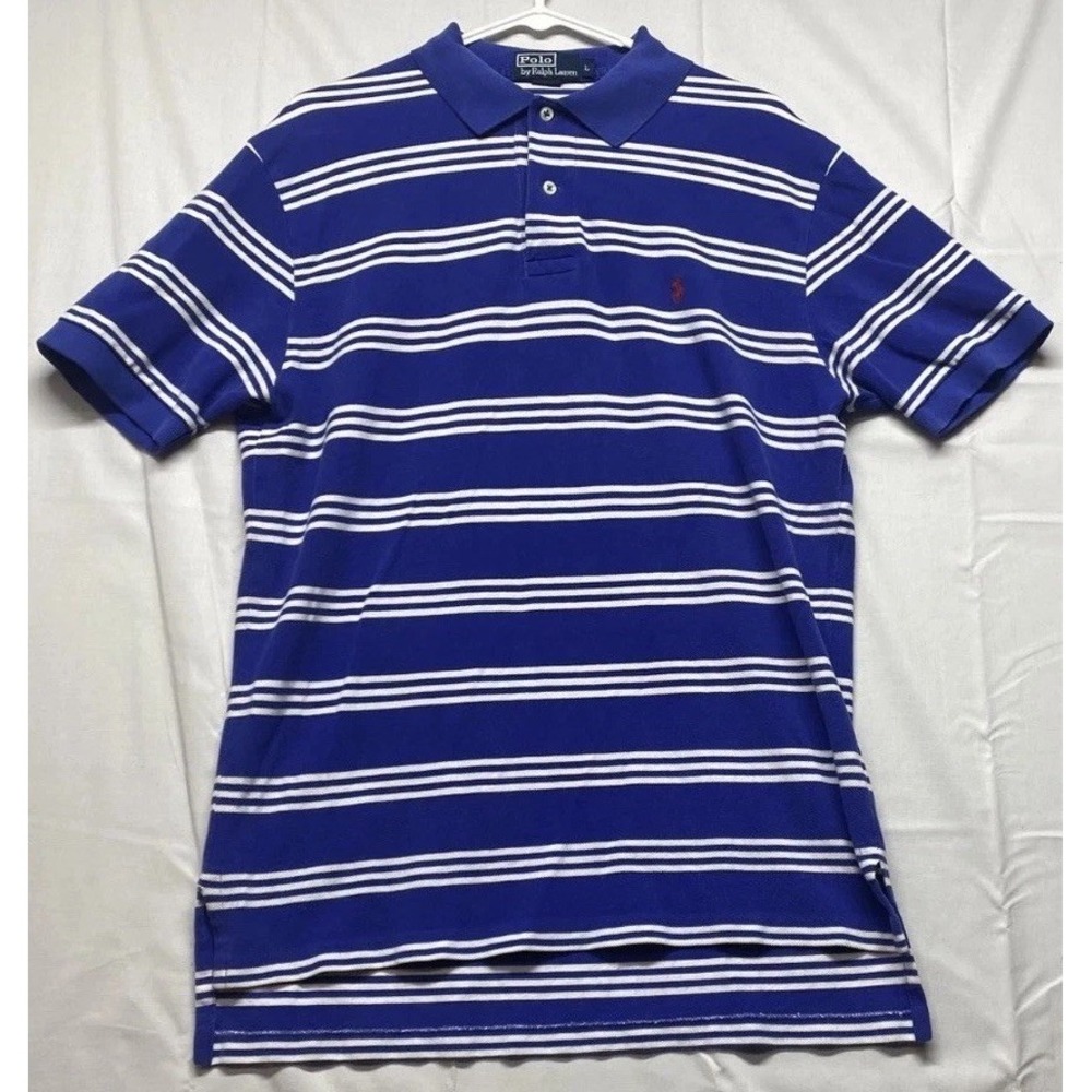Polo Ralph Lauren Polo Shirt Mens Large Blue White Striped Pony Logo Performance